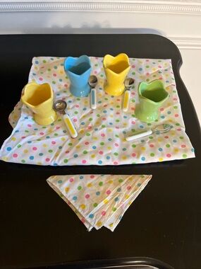 vintage 90s NWOB (4) children’s ceramic miniature cream sunday set,spoons &cloth